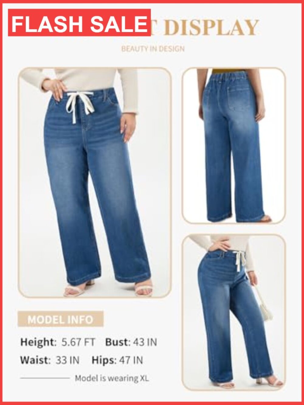 Plus Size Wide Leg Jeans Elastic Waist Drawstring Stretchy Denim Pants with - Picture 3 of 7